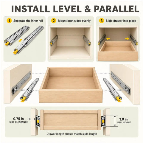 Beefy Heavy Duty Drawer Slides 500 Lb Capacity Full Extension Runners With Lock For Cabinets And Tool Chests Built From Tough Steel Smooth Quiet Glide Industrial Grade Ball Bearings installation diagram, 3.0 in rail height
