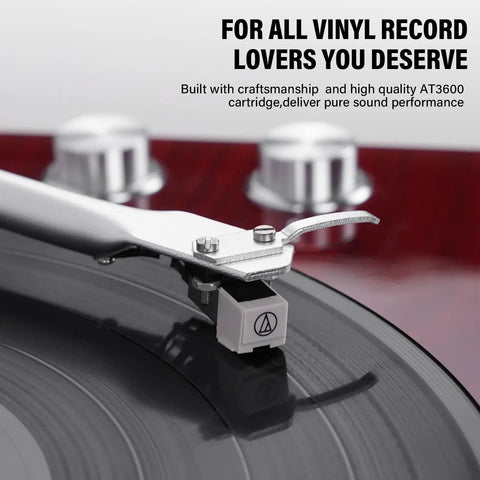 Close-up of Cool Red Belt Drive Turntable For Vinyl Records With Bluetooth Output Connection Compatible With Active Speakers and Wireless Headphones.