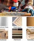 Craftsman using M2 high speed steel drill bit on wood, with material samples for copper and aluminum plates, hardwood, fiberboard.
