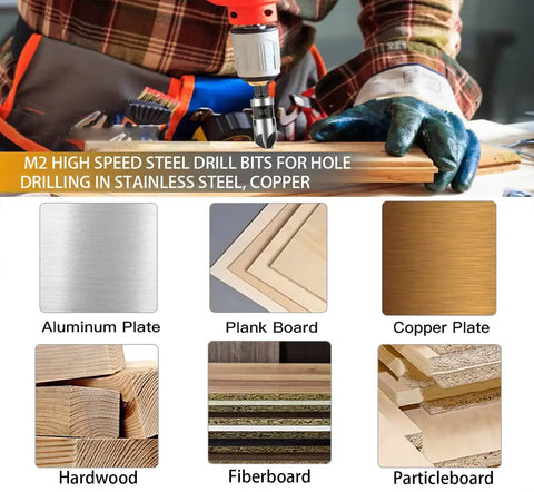 Craftsman using M2 high speed steel drill bit on wood, with material samples for copper and aluminum plates, hardwood, fiberboard.