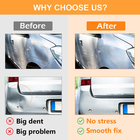 Before and after comparison using 3 Pack Car Dent Puller Kit With 7 In 1 Suction Cup System For Dents On Cars Pro Grade Dent Removal Tool Set