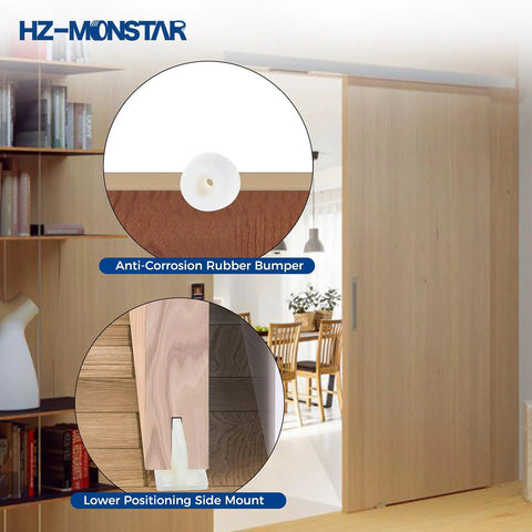 Image of a sliding pocket door with anti-corrosion rubber bumper and lower positioning side mount details. Part of 2 Pack Sliding Pocket Door Hardware Kit With Top Hanger Rollers And Wheels Compatible With Johnson 1125 And 1500 Hardware Kits, Includes Pocket Door Wrench And Screws, Heavy Duty 200lbs Capacity.