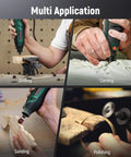 Pro Grade Rotary Tool Kit 180W Power With 6 Speeds Up To 40000 RPM And Variable Speed Universal Keyless Chuck And Flex Shaft 128 Accessories shown in drilling, carving, sanding, polishing applications.