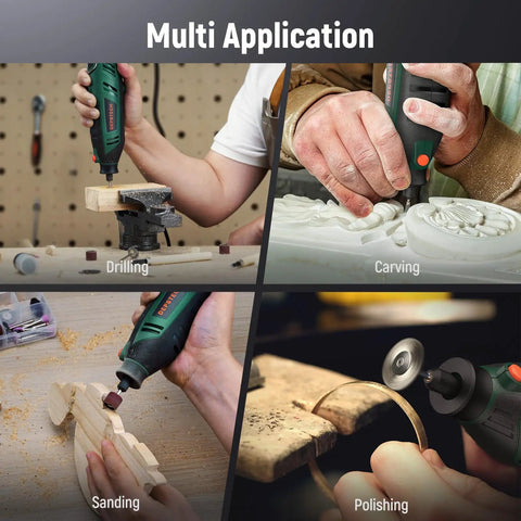 Pro Grade Rotary Tool Kit 180W Power With 6 Speeds Up To 40000 RPM And Variable Speed Universal Keyless Chuck And Flex Shaft 128 Accessories shown in drilling, carving, sanding, polishing applications.