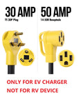 Heavy Duty Nema TT-30P To 14-50R Power Cord Adapter for EV Charging with yellow TT-30P plug and 14-50R receptacle.