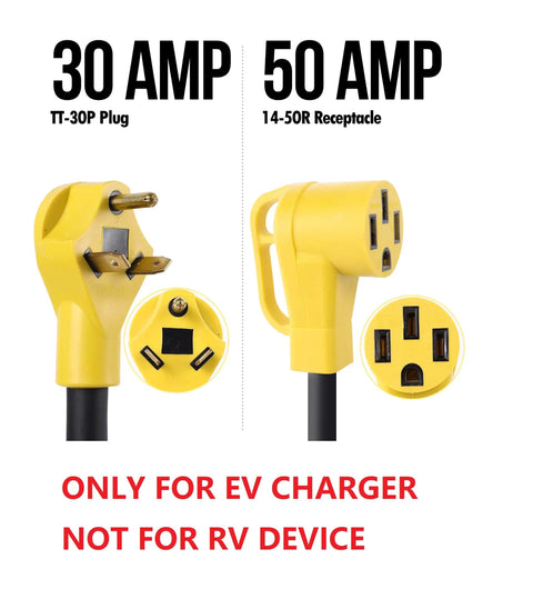 Heavy Duty Nema TT-30P To 14-50R Power Cord Adapter for EV Charging with yellow TT-30P plug and 14-50R receptacle.