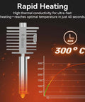 All Metal 0.4mm Stainless Steel Hotend Upgrade for A1 3D Printer showing rapid heating graph to 300°C in 40 seconds