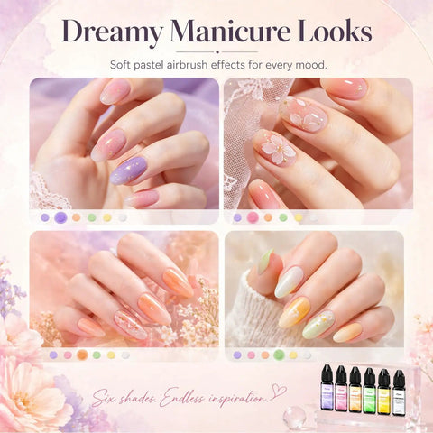 Set of manicured nails showcasing vibrant colors from Airbrush Gel Nail Polish Set With 6 Vibrant Colors For Nails Non Dilution Formula 15ml Bottles Non Acetone Fine Mist Spray For French Ombre Nail Art Salon Kit