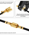 Instructions for using 600 Piece Gold Plated Spade Connectors Crimp Terminals Kit with a wire and crimping tool.