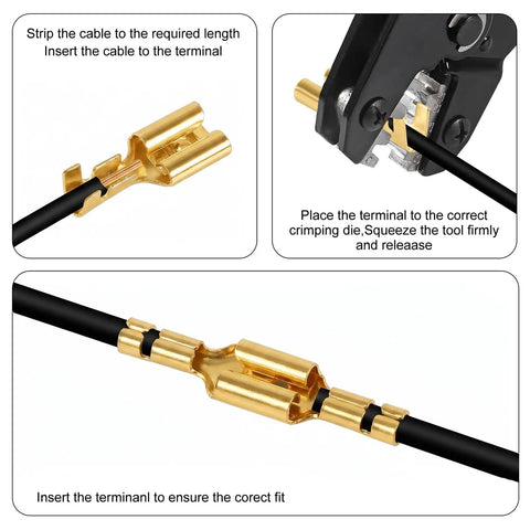 Instructions for using 600 Piece Gold Plated Spade Connectors Crimp Terminals Kit with a wire and crimping tool.
