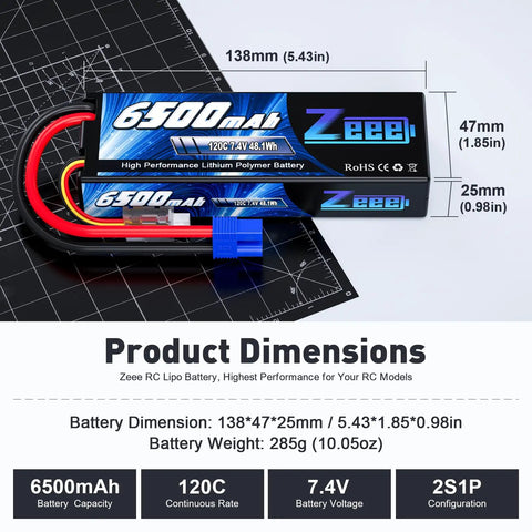 Dimensions of 2S 6500mAh 120C LiPo Battery Pack 7.4V Hard Case With EC3 Connector Dual Pack for RC Cars Trucks Truggies