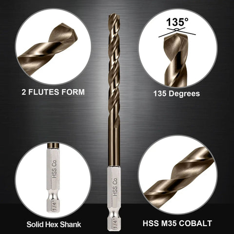 Boss Cobalt Drill Bit Set For Metal And Hardened Steel With M35 HSS Bits 13 Piece showing drill bit with hex shank and twist design.