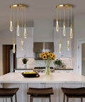 Lit Gold Teardrop Crystal Pendant Lights with Dimmable LED Ceiling Fixture above kitchen island