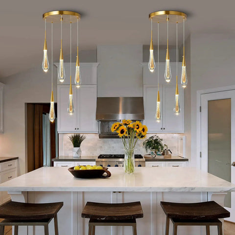 Lit Gold Teardrop Crystal Pendant Lights with Dimmable LED Ceiling Fixture above kitchen island