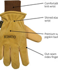 Heavy Duty Lined Work Gloves From Premium Grain Pigskin Leather With Suede Panels for cold weather showing detailed features.
