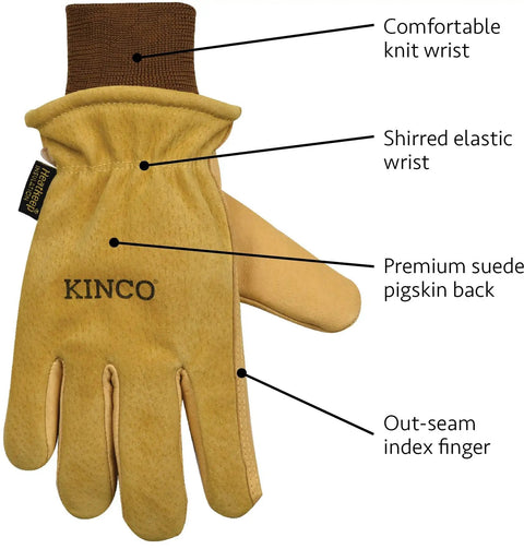 Heavy Duty Lined Work Gloves From Premium Grain Pigskin Leather With Suede Panels for cold weather showing detailed features.