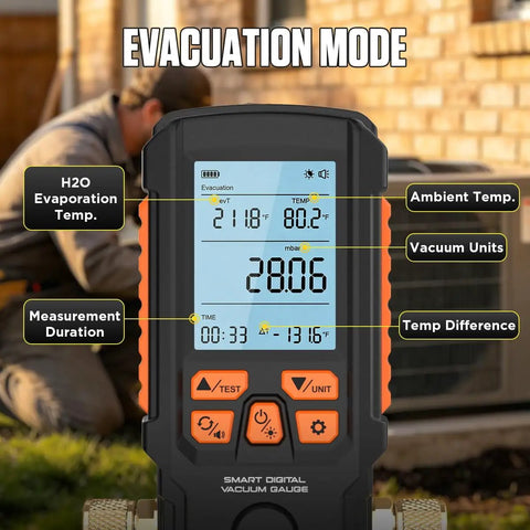 All In One HVAC Digital Vacuum Gauge With Smart Evacuation And Leak Detection Pro Grade Accuracy For Fast Readings In Torr Mbar Hpa InHg Auto Calibration 3 Inch LCD And 7 16 UNF Threads in evacuation mode