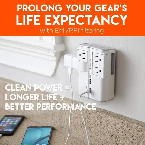 Wall Charger Surge Protector With Four Pivoting AC Outlets And Two USB Ports, 1080 Joules Of Protection, plugged into wall
