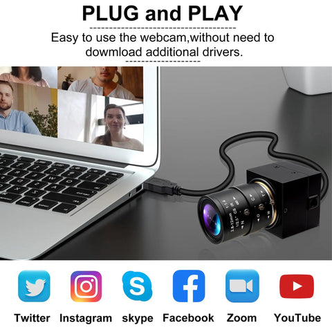 1080P USB Webcam With 2.8-12mm Varifocal Lens connected to laptop for video conference and streaming, plug and play functionality