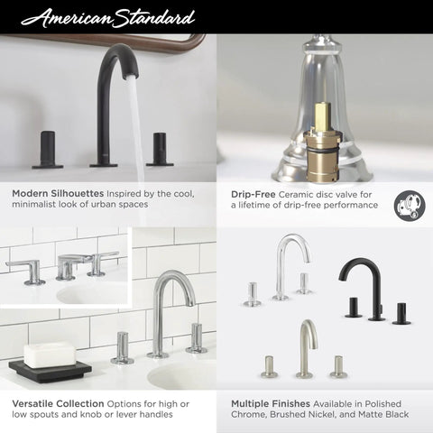 Collage showing Studio S Valve Trim Kit details, including ceramic cartridge and polished chrome finish.