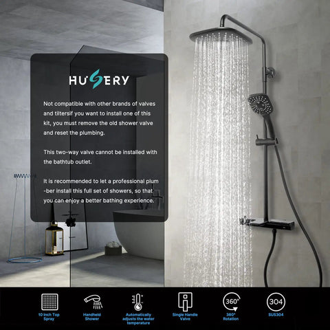 Thermostatic Shower System With Tub Spout And 9 Inch Rain Shower Head Plus 3 Setting Handheld Sprayer Wall Mounted Slide Bar Mixer In Black Finish For Modern Bathroom, showcasing water flow from rain head and sprayer.