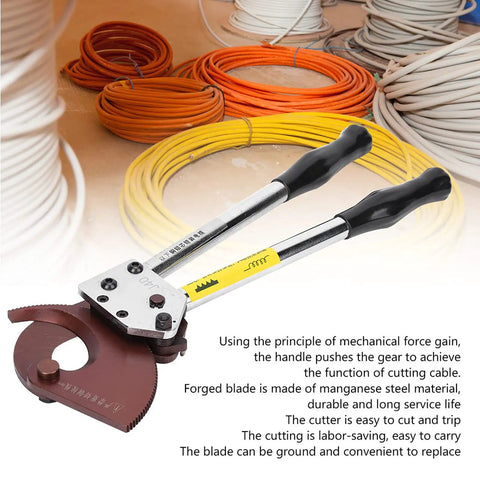 Heavy Duty Manual Ratchet Cable Cutter With Manganese Steel Blade For Thick Copper Aluminum And Steel Cables Industrial Wire Cutting Hand Tool For Electrical Telecom And Construction Jobs 9.1 Inch Length with coils of cable in background