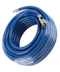 50 Ft PVC Air Hose With Quick Connect Coupler For Air Compressor, durable blue hose coiled with metal coupling.