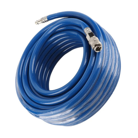 50 Ft PVC Air Hose With Quick Connect Coupler For Air Compressor, durable blue hose coiled with metal coupling.