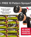 50 Foot Expandable Garden Hose Featuring Tough Copper Blend Core And Adjustable 10 Spray Pattern Dial with sprayer showing spray patterns.