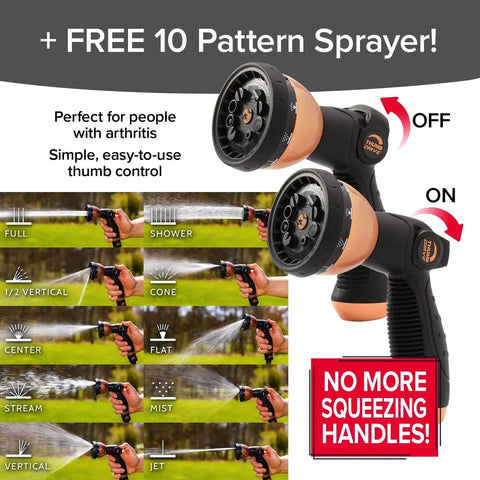 50 Foot Expandable Garden Hose Featuring Tough Copper Blend Core And Adjustable 10 Spray Pattern Dial with sprayer showing spray patterns.