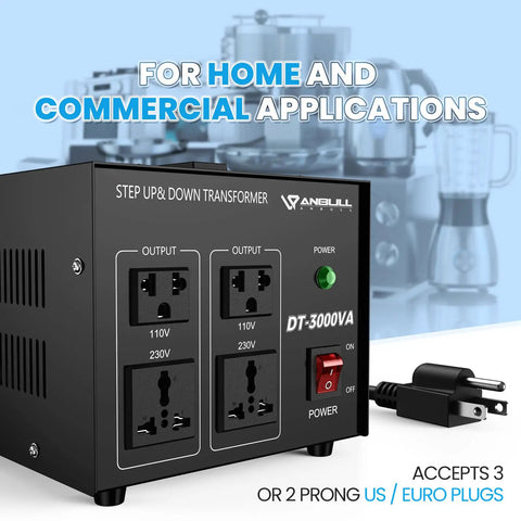 Heavy Duty 3000W Voltage Converter Transformer, Step Up Down 110V to 220V and 220V to 110V, power switch and outlets visible