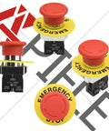 22mm NC Red Mushroom Emergency Stop Push Button Switch 600V 10A Panel Mount, side and top views, rugged industrial safety button