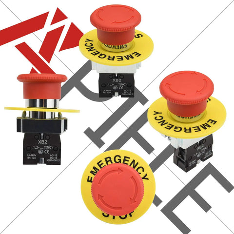 22mm NC Red Mushroom Emergency Stop Push Button Switch 600V 10A Panel Mount, side and top views, rugged industrial safety button