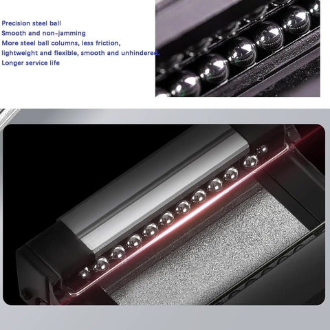 Close-up of a ball bearing system in MGN9 Linear Rail Kit 100mm Two Pack With Two MGN9H 9mm Carriage Blocks Black For 3D Printer And CNC Machine Heavy Duty Bearing Steel Guide Rails For Smooth Motion And Precision Built To Last For Beefy Builds And Smooth Friction Free Motion In DIY Projects, highlighting precision steel balls and friction-free motion.