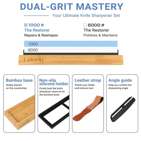 Dual Grit Knife Sharpener Whetstone Set with 1000/6000 Grit Bamboo Base, Non Slip Holder, Angle Guide and Leather Strop Kit