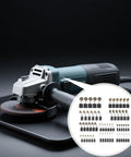 Carbon Brush Replacement Kit For Electric Motors, 60 Pieces In 10 Sizes, shown with power tool parts and Dewalt Angle Grinder DWE402