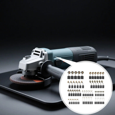 Carbon Brush Replacement Kit For Electric Motors, 60 Pieces In 10 Sizes, shown with power tool parts and Dewalt Angle Grinder DWE402