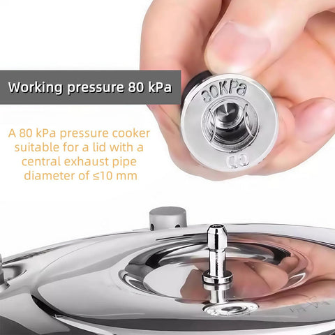 Close-up of YiiSeeJo 2-pack stainless steel pressure cooker relief valve kit with anti-blocking covers and exhaust rod, 80 kPa