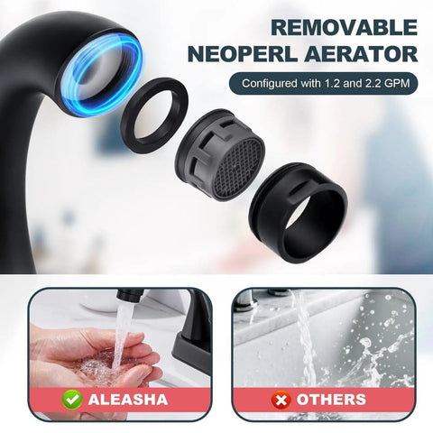 Removable Neoperl aerator of Matte Black Bathroom Sink Faucet 4 Inch Centerset 2 Handle With Pop Up Drain Stopper Lavatory Vanity Faucet 304 Stainless Steel Built To Last No Nonsense Durability CUPC CEC Certified