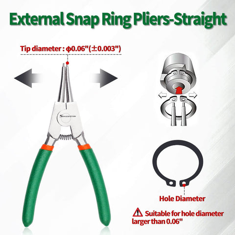 5 Inch Circlip Pliers For External Snap Rings 0.06 Inch Tip Diameter Straight Jaw Retaining Ring Pliers For Easy Ring Removal And Installation Pro Grade Heavy Duty Tool For Automotive Machinery And DIY Repairs, green handles