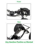 One Tenth RC Crawler Transmission With Thirty Percent Overdrive Transfer Case Forward Motor Mount Delrin Spur Gear Aluminum Alloy Upgrade For Axial SCX10 II Element Enduro LCG Chassis Cheater Rigs And DIY Projects installed on chassis front and rear view