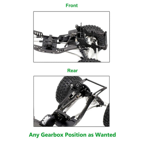 One Tenth RC Crawler Transmission With Thirty Percent Overdrive Transfer Case Forward Motor Mount Delrin Spur Gear Aluminum Alloy Upgrade For Axial SCX10 II Element Enduro LCG Chassis Cheater Rigs And DIY Projects installed on chassis front and rear view
