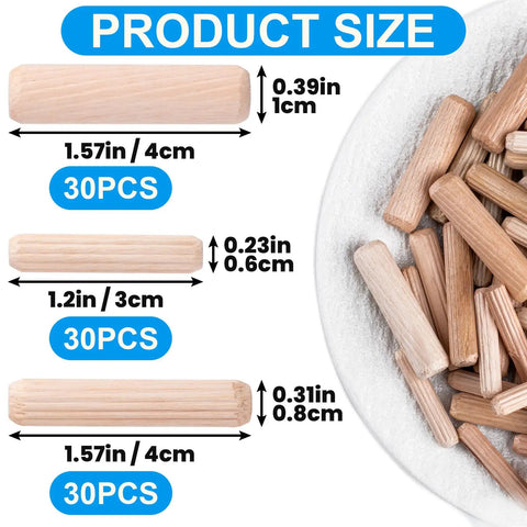 Top Shelf Wooden Dowel Pins Featuring Fluted Hardwood Rods For Furniture Repairs And Craft Builds Supplies Ninety Pieces In Quarter Fifth And Sixteenth Inch Set showing product sizes in a bowl.