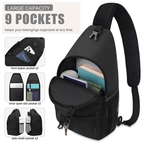 Everyday Crossbody Bag For Men And Women With Convertible Shoulder Strap, On The Go Travel Sling Pack For Hiking Outdoors, Black with 9 pockets
