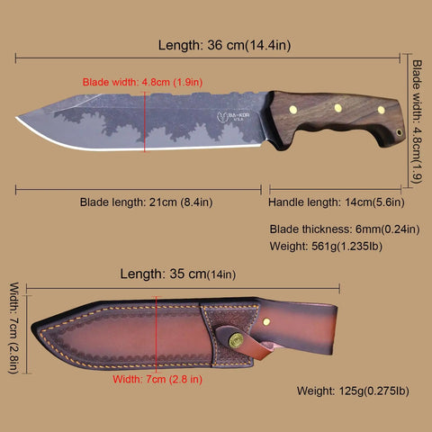 Beefy Fixed Blade Knife With Sheath For Outdoor Hunting Camping And Survival And EDC 6mm Thick Full Tang 21cm Blade dimensions