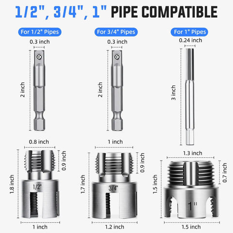 All In One Internal And External Pipe Threading Kit For One Half Inch Three Quarter Inch And One Inch PVC Pipes Heavy Duty Alloy Steel Electric Drill Compatible Includes Storage Case For Plumbing And Home Repair showing detailed sizes for threading components