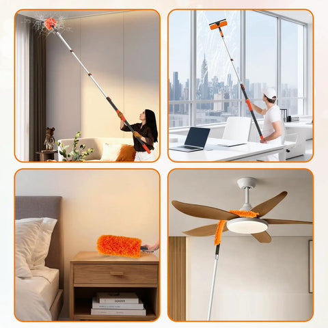 High Reach Duster With Telescoping Extension Pole 5 To 20 Feet, 26 Feet Total Cleaning Reach, 4 In 1 Cleaning Kit For Windows Ceilings Fans And Shelves, Ditch The Ladder Easy Switch Tools For Quick Home Cleanups. Orange extendable duster cleaning ceiling fan and window