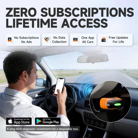 Bluetooth OBD2 Scanner For Cars Read And Clear Engine Codes displayed in use with smartphone inside a vehicle dashboard.