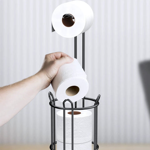Freestanding Toilet Paper Holder Stand And Dispenser For Bathroom Storage Holds Four Rolls Metal Wire Black Finish