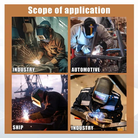 Welders in various applications: industry, automotive, ship, and industrial projects, showcasing welding processes and safety gear.
